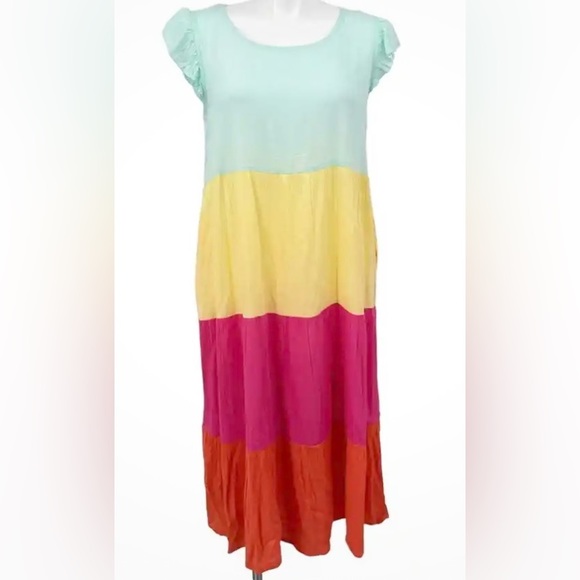 Margaux Riviera Flutter Sleeve Tiered Color Block A-line Midi Dress - Picture 1 of 8